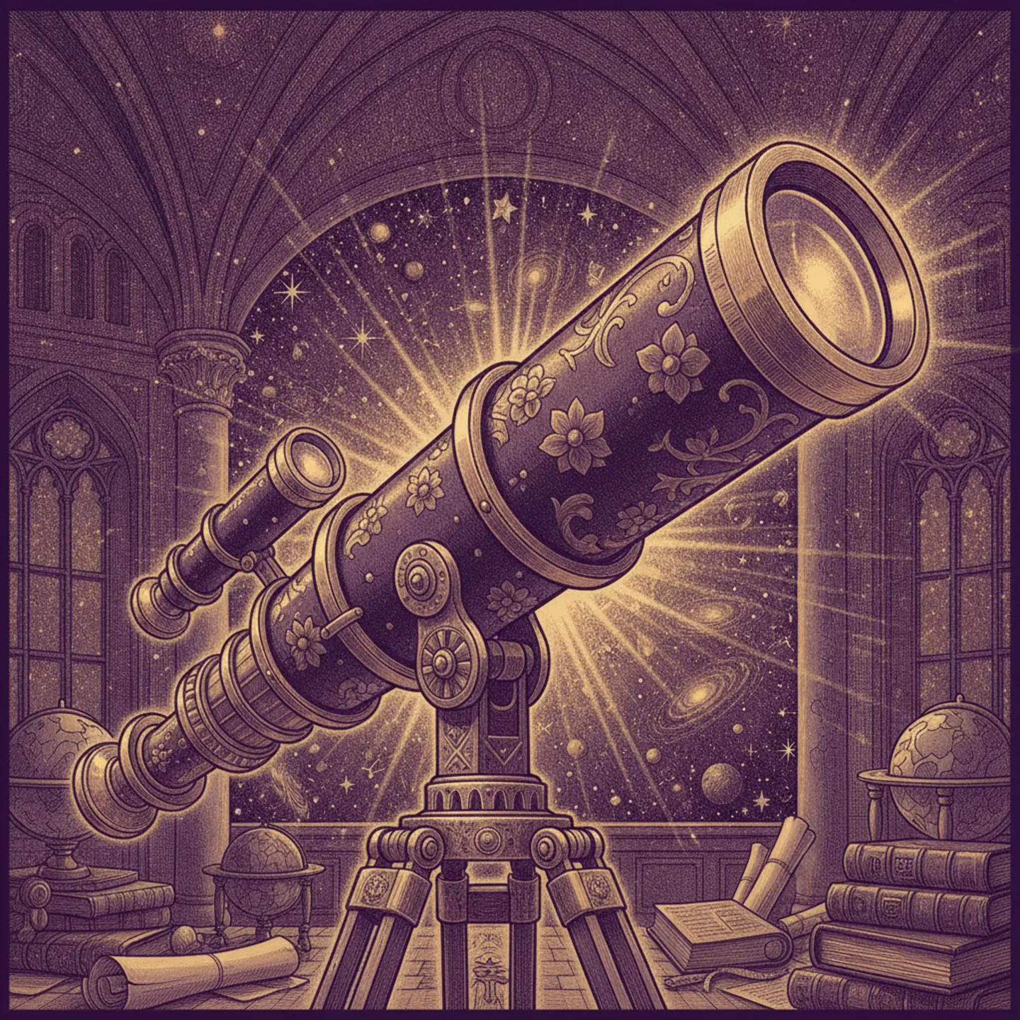 A brass telescope pointed at the stars in duotone styling